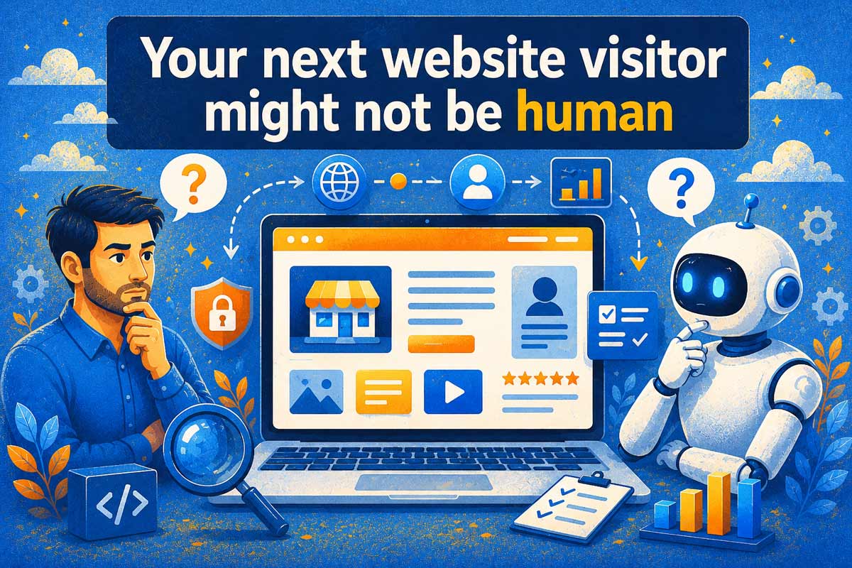 Illustration about website trust issues, showing a user evaluating a business website with warning icons, low ratings, and credibility signals failing.